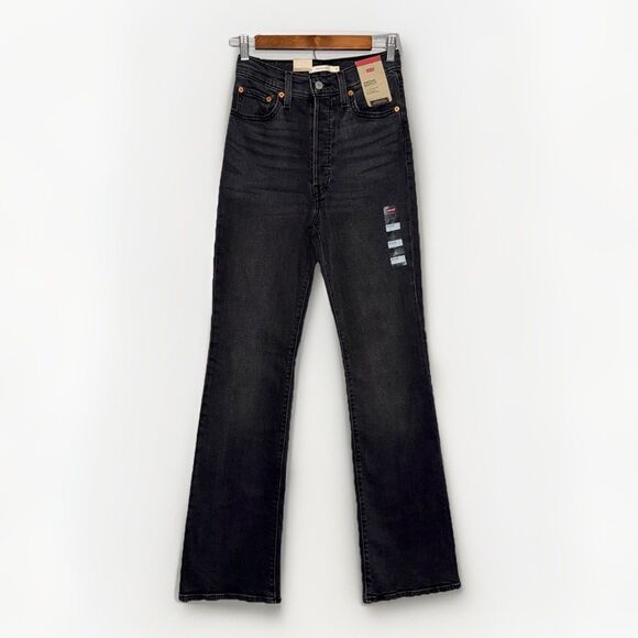 Levis Ribcage Bootcut Jeans Womens 27 Black High Rise 90s Button Fly Stretch - Picture 3 of 16